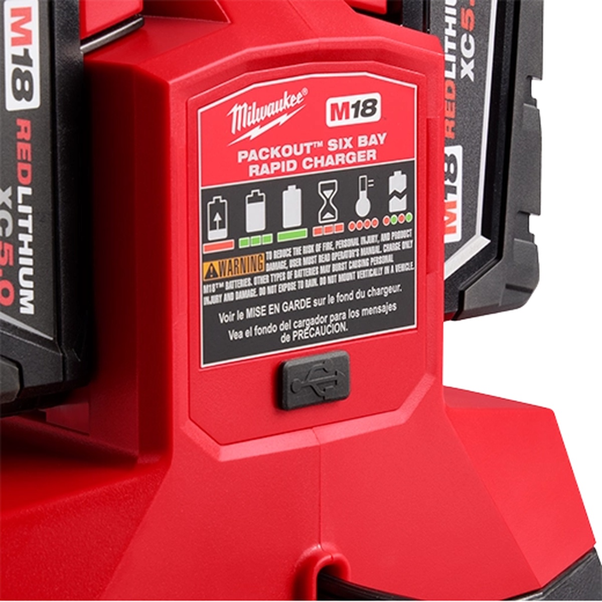 Milwaukee 48-59-1809 M18 PACKOUT Six Bay Rapid Charger close-up showing side panel, USB-A port, and battery charger details for shop or jobsite use