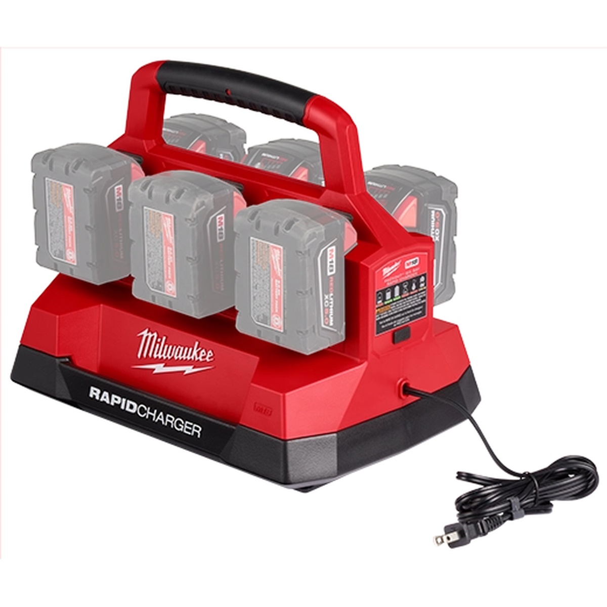Milwaukee 48-59-1809 M18 PACKOUT Six Bay Rapid Charger holding multiple M18 battery packs during jobsite charging setup with attached power cord