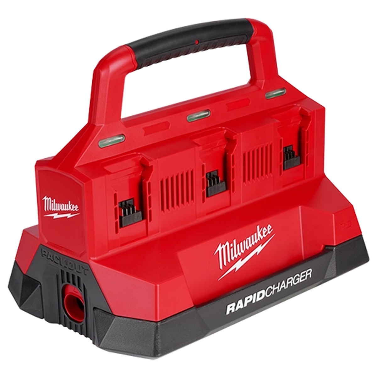 Milwaukee 48-59-1809 M18 PACKOUT Six Bay Rapid Charger product view showing carry handle and six-bay battery charger design for shop storage and transport