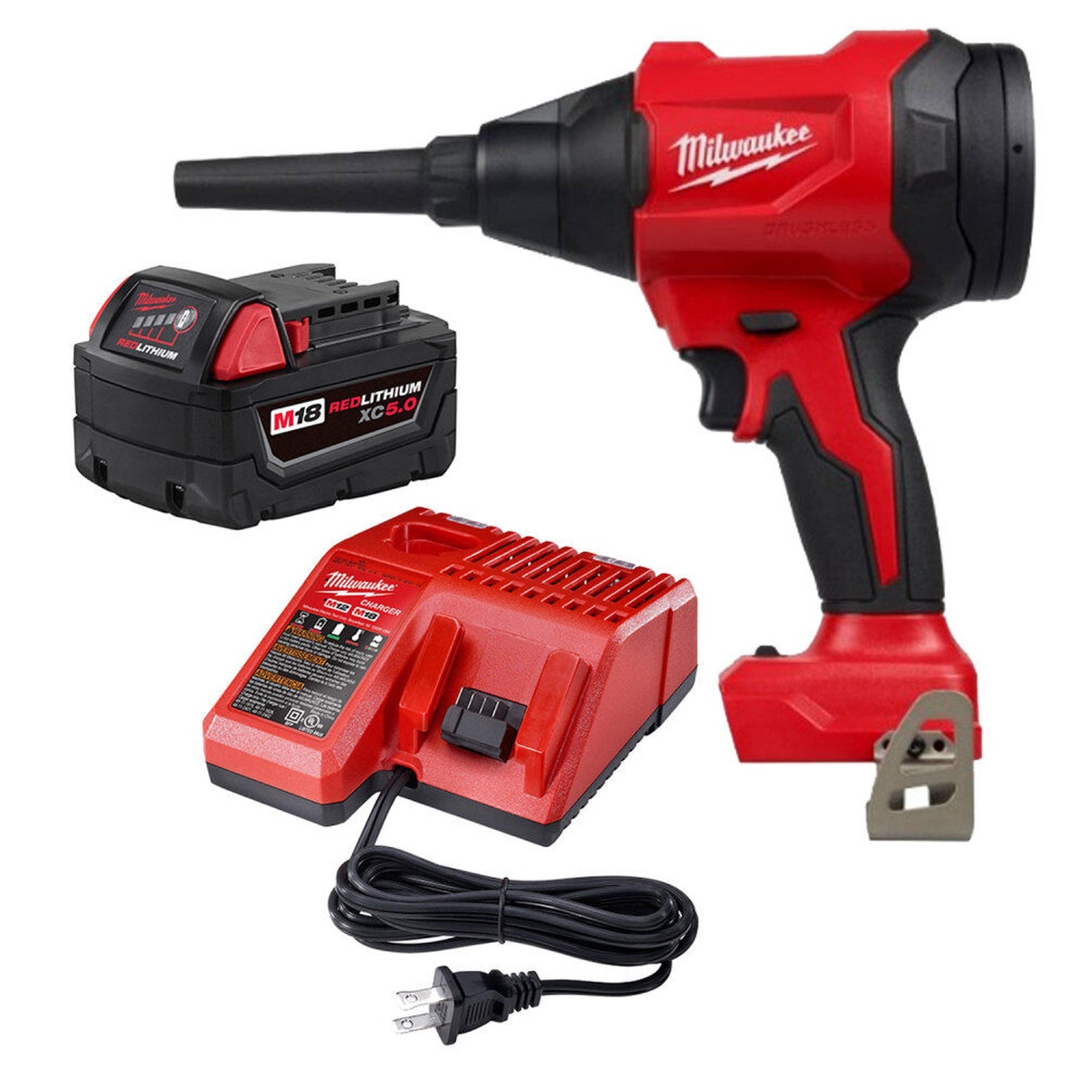 Milwaukee 0887-20 M18 Brushless 570-MPH Precision Blower 5.0Ah Kit shown with charger and battery for jobsite cleanup in tight work areas
