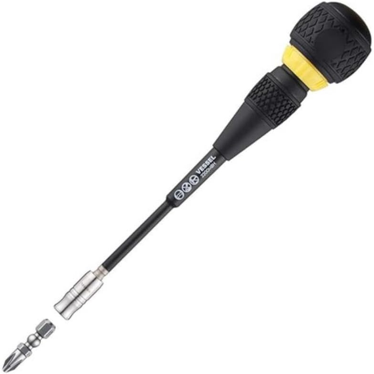 Vessel 2200MBH120 Ball Grip Interchangeable Ratchet Screwdriver with removable shaft and Phillips #2 bit shown for tight-space fastening on a clean background