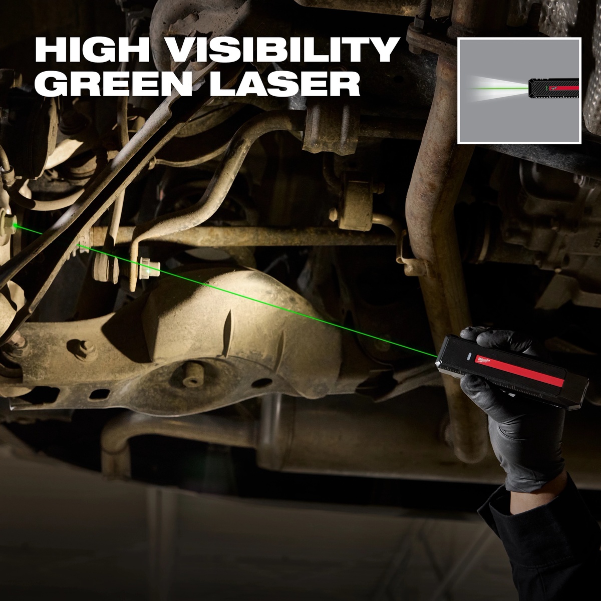 Milwaukee 2016R USB Rechargeable 1300-Lumen Flat Flashlight w/ Green Laser used under a vehicle to illuminate components and indicate an exact service point with the green laser