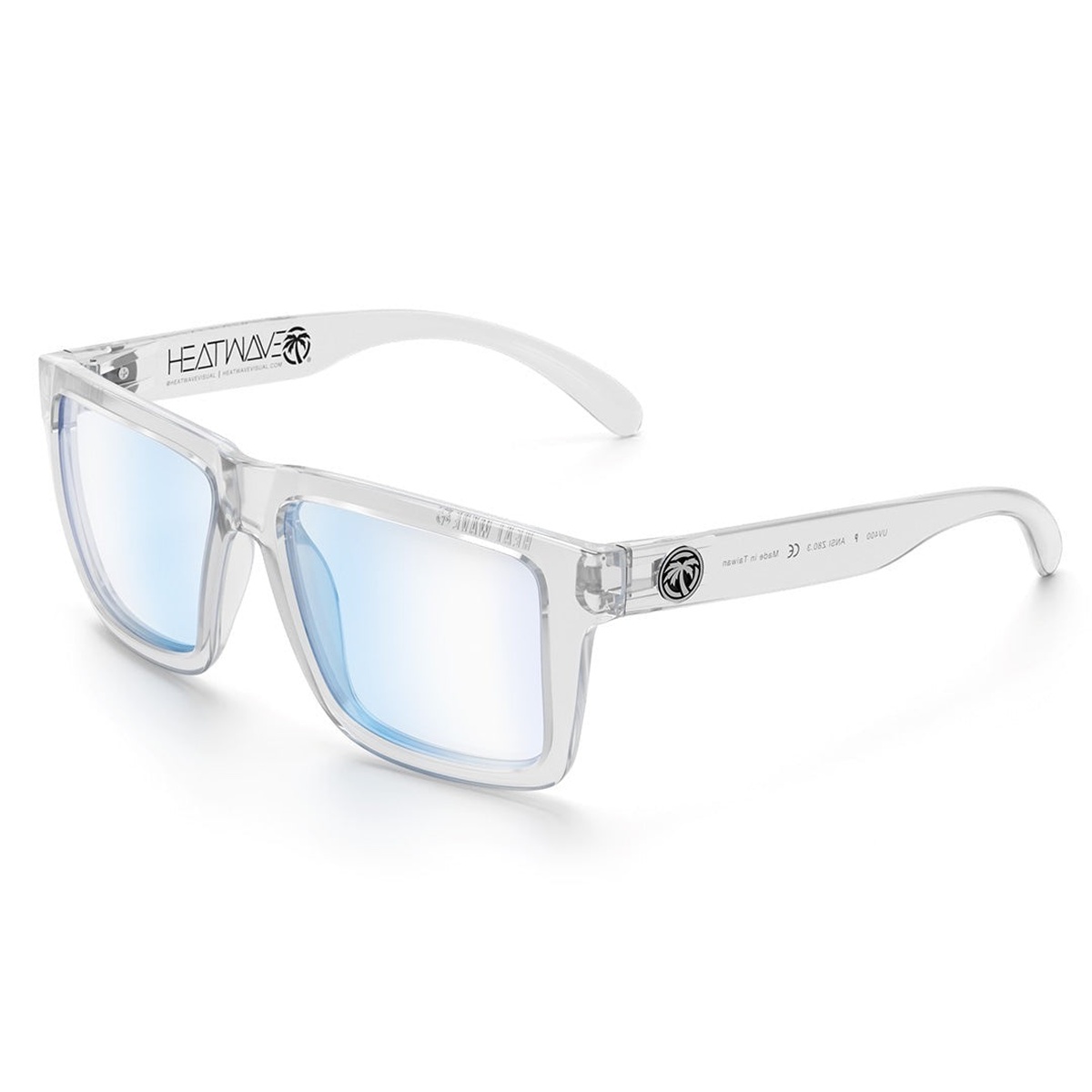 Heat Wave Visual XL VISE Z87 Sunglasses Vapor Clear Frame Blue Light Blocking shown at an angle to highlight the oversized frame shape and clear protective fit for everyday work and screen use