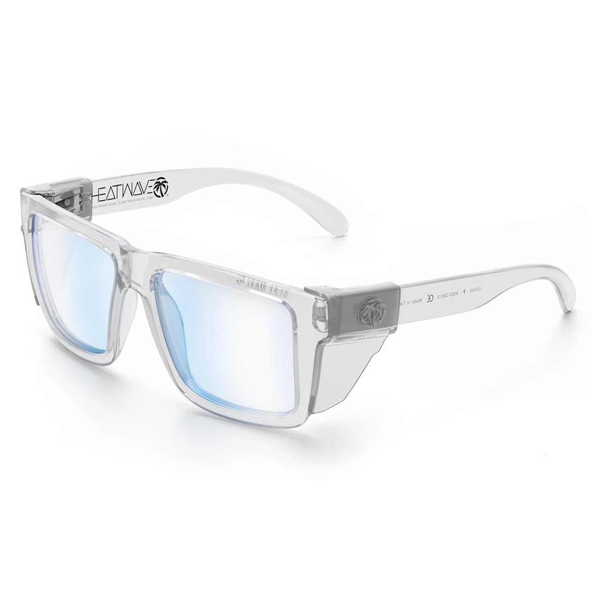 Heat Wave Visual XL VISE Z87 Sunglasses Vapor Clear Frame Blue Light Blocking fitted with clear side shields for added lateral eye protection in shop and jobsite conditions