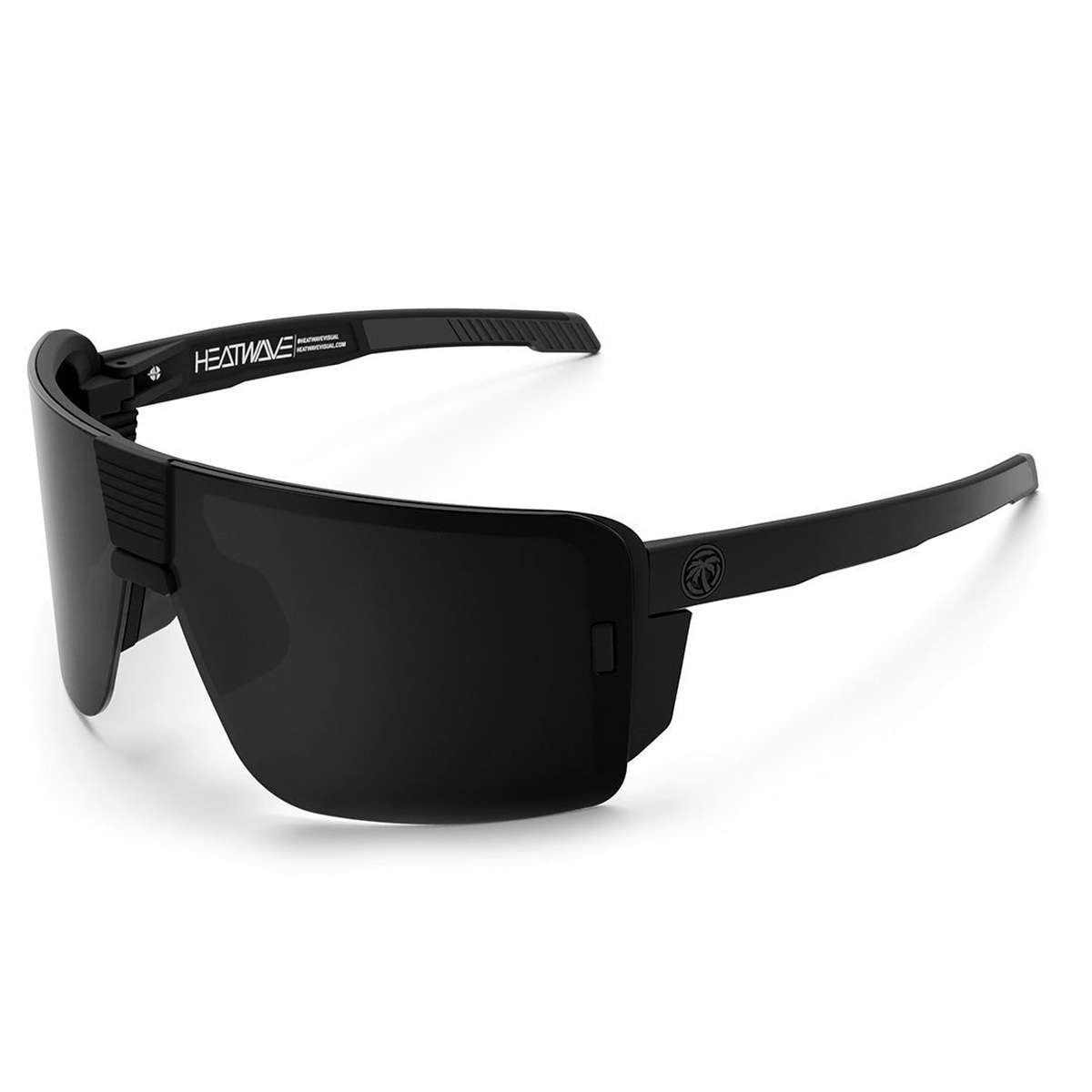 Heat Wave Visual XL Vector Sunglasses Black Z87+ angled product view showing oversized black shield lens and side coverage for outdoor safety and glare protection