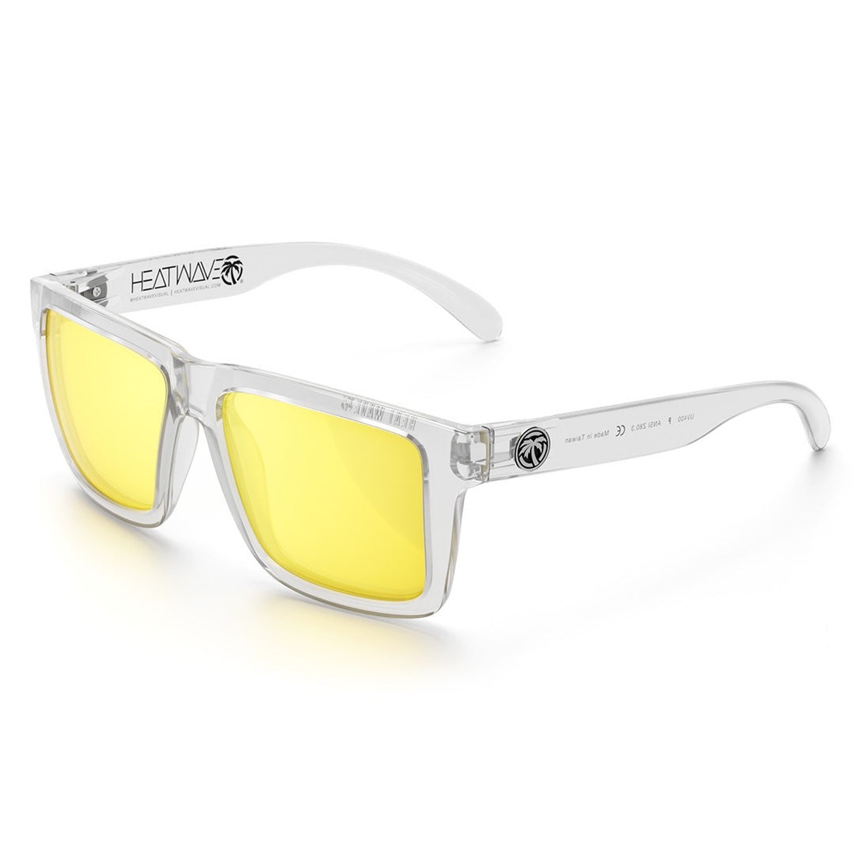 Heat Wave Visual XL VISE Z87 Sunglasses Vapor Clear Frame Hi-Vis Yellow Lens shown as oversized safety sunglasses for shop work, low-light tasks, and everyday protective wear
