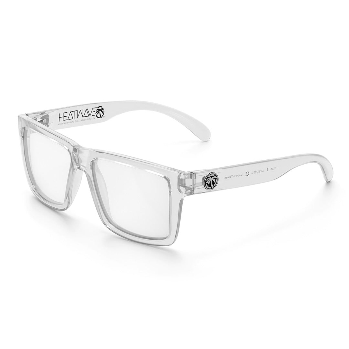 Heat Wave Visual VISE Z87 Glasses Anti Fog Clear Lens angled product view with clear frame and clear polycarbonate lens for shop, garage, and worksite eye protection