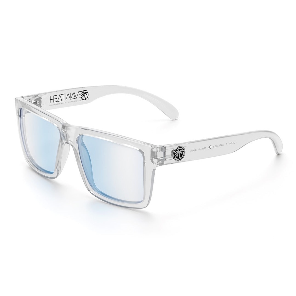 Heat Wave Visual VISE Z87 Sunglasses Vapor Clear Frame: Blue Light Blocking Lens in angled view showing clear TR90 frame and blue light blocking polycarbonate lenses for indoor work and everyday eye protection