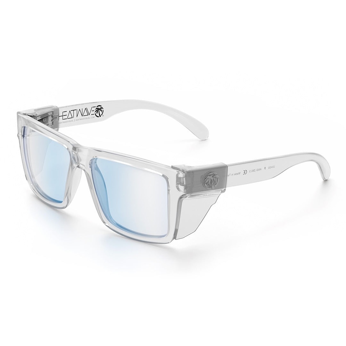 Heat Wave Visual VISE Z87 Sunglasses Vapor Clear Frame with optional clear side shields installed for increased lateral eye protection in shop and jobsite environments