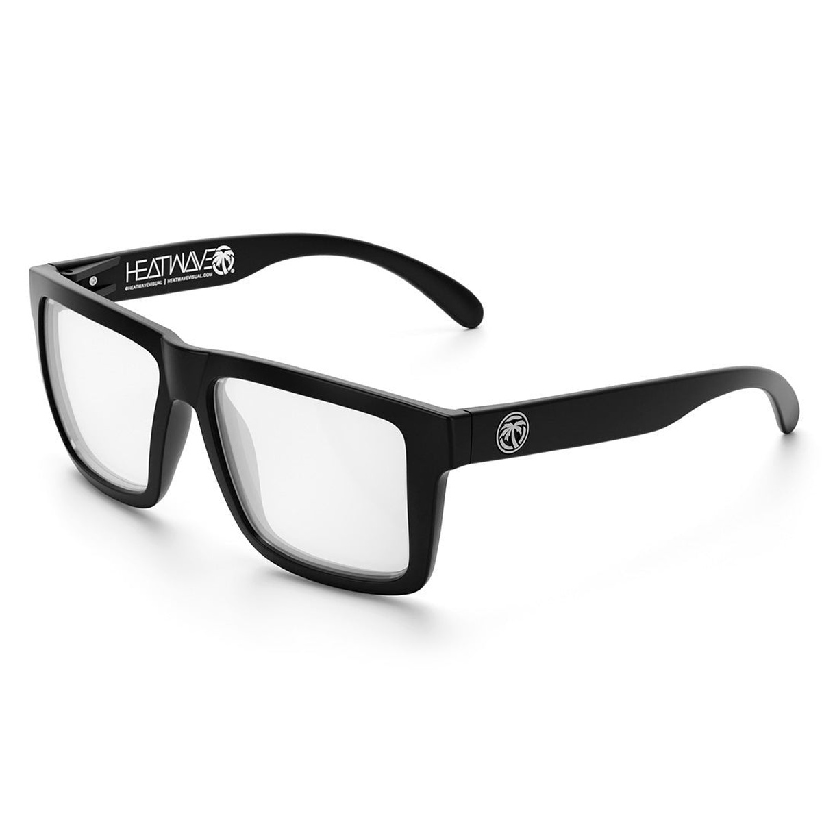 Heat Wave Visual XL VISE Z87 Sunglasses Black Frame Clear Lens shown in angled view with oversized square frame for larger head fit and everyday work protection