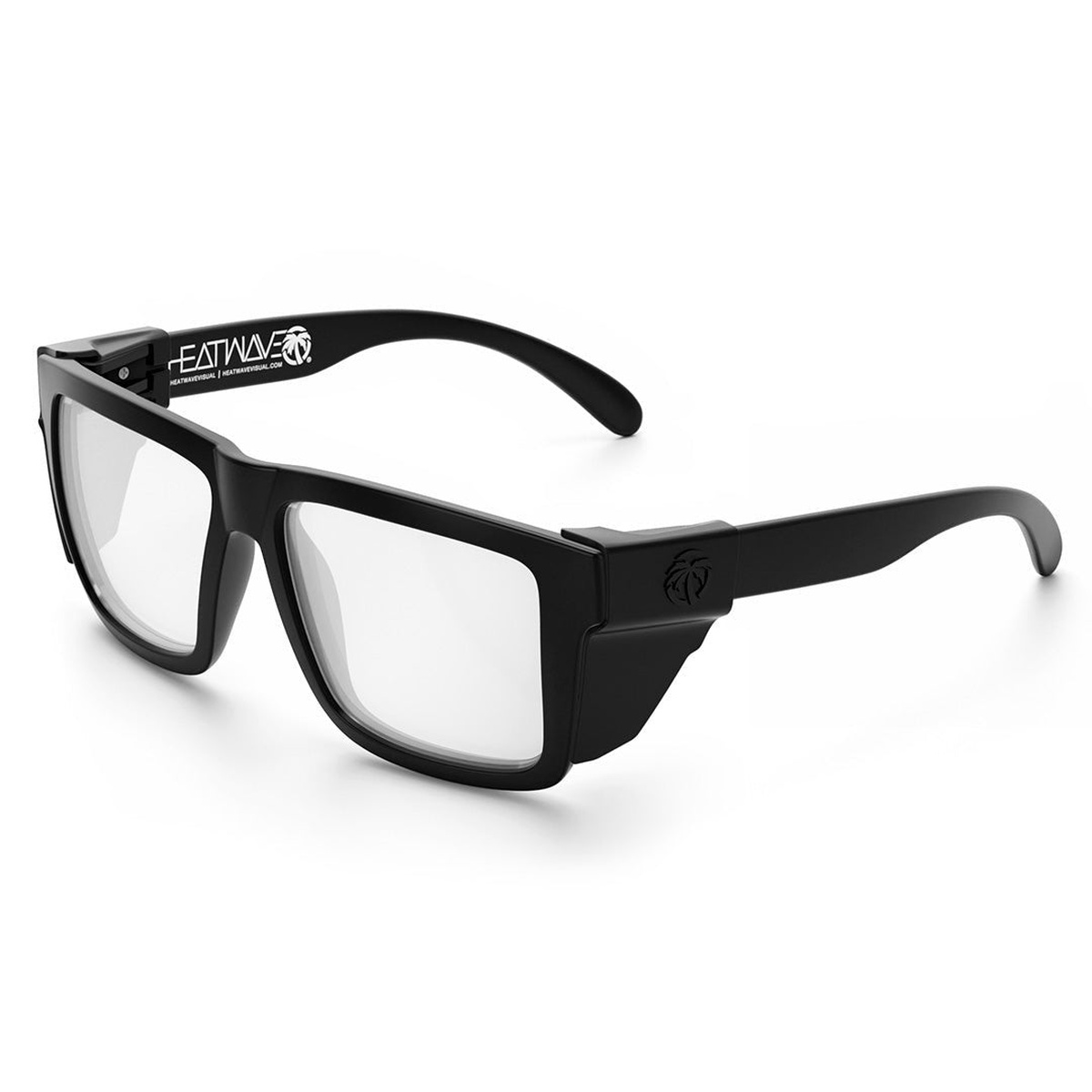 Heat Wave Visual XL VISE Z87 Sunglasses Black Frame Clear Lens with black side shields installed for added lateral protection in shop or jobsite use