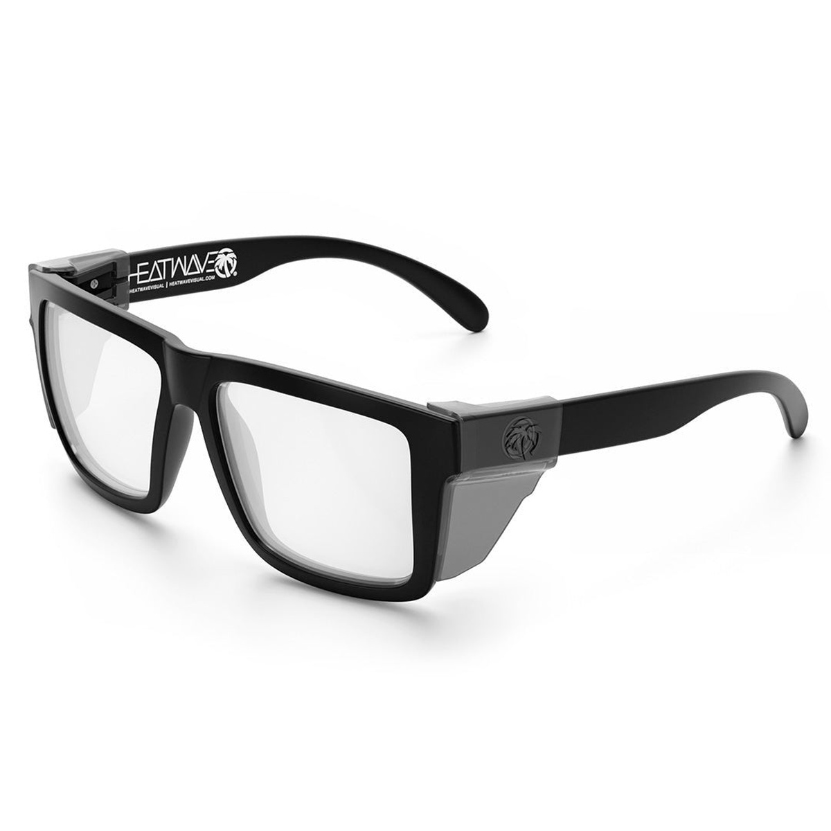 Heat Wave Visual XL VISE Z87 Sunglasses Black Frame Clear Lens with clear side shields attached, highlighting protective frame design for debris exposure