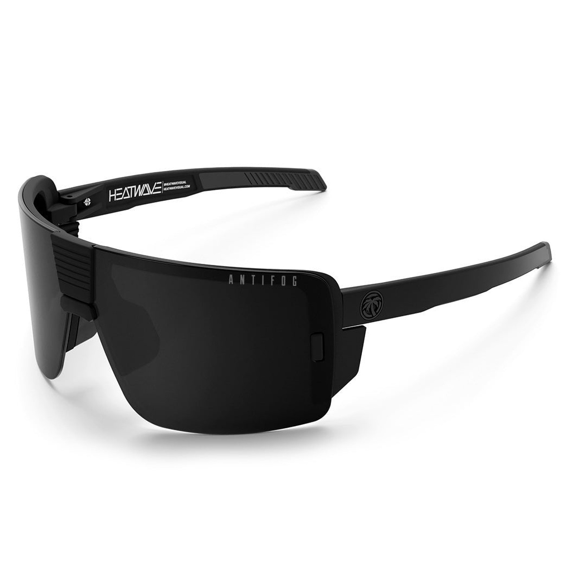 Heat Wave Visual Vector Sunglasses: Anti Fog Black Z87+ angled product view with black shield lens and side protection for outdoor work and safety use