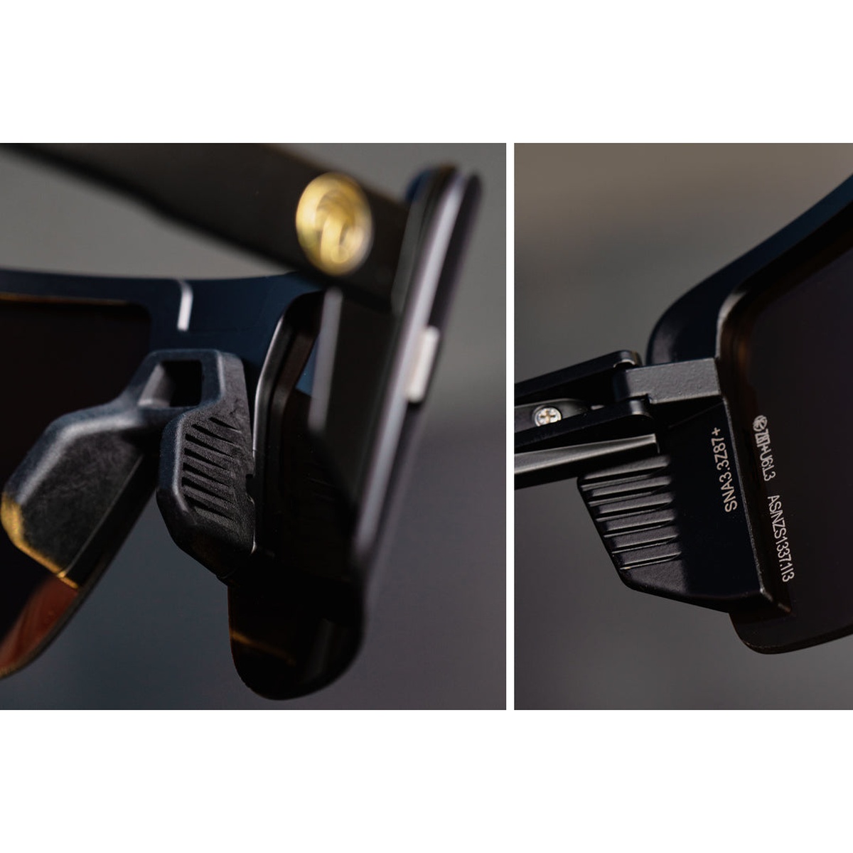 Heat Wave Visual Vector safety sunglasses detail view showing nose piece, hinge area, and Z87+ markings for daily workwear use