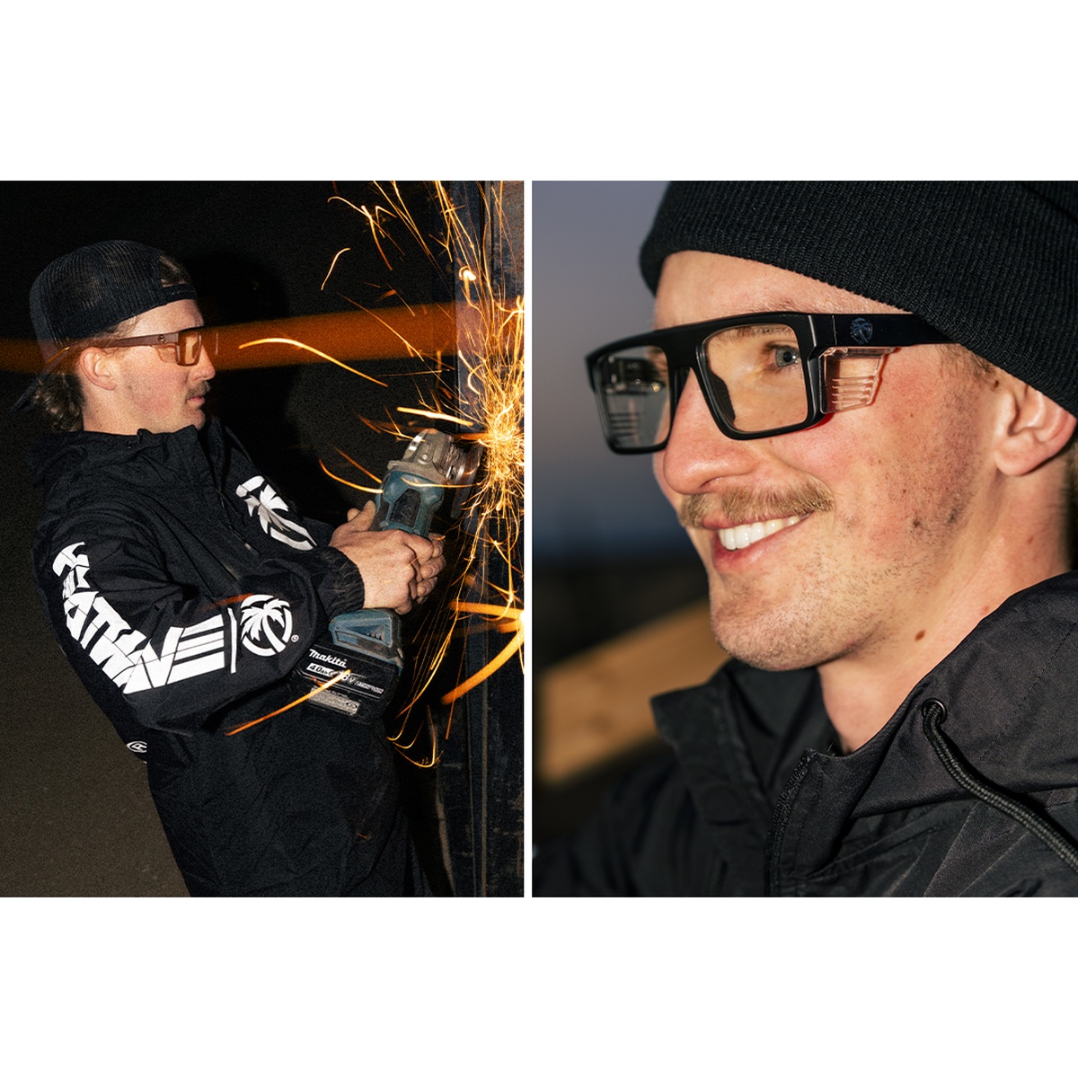 Heat Wave Visual Performance Rayth Sunglasses: Anti Fog Clear Lens Z87+ worn during metal grinding work with sparks in a shop setting