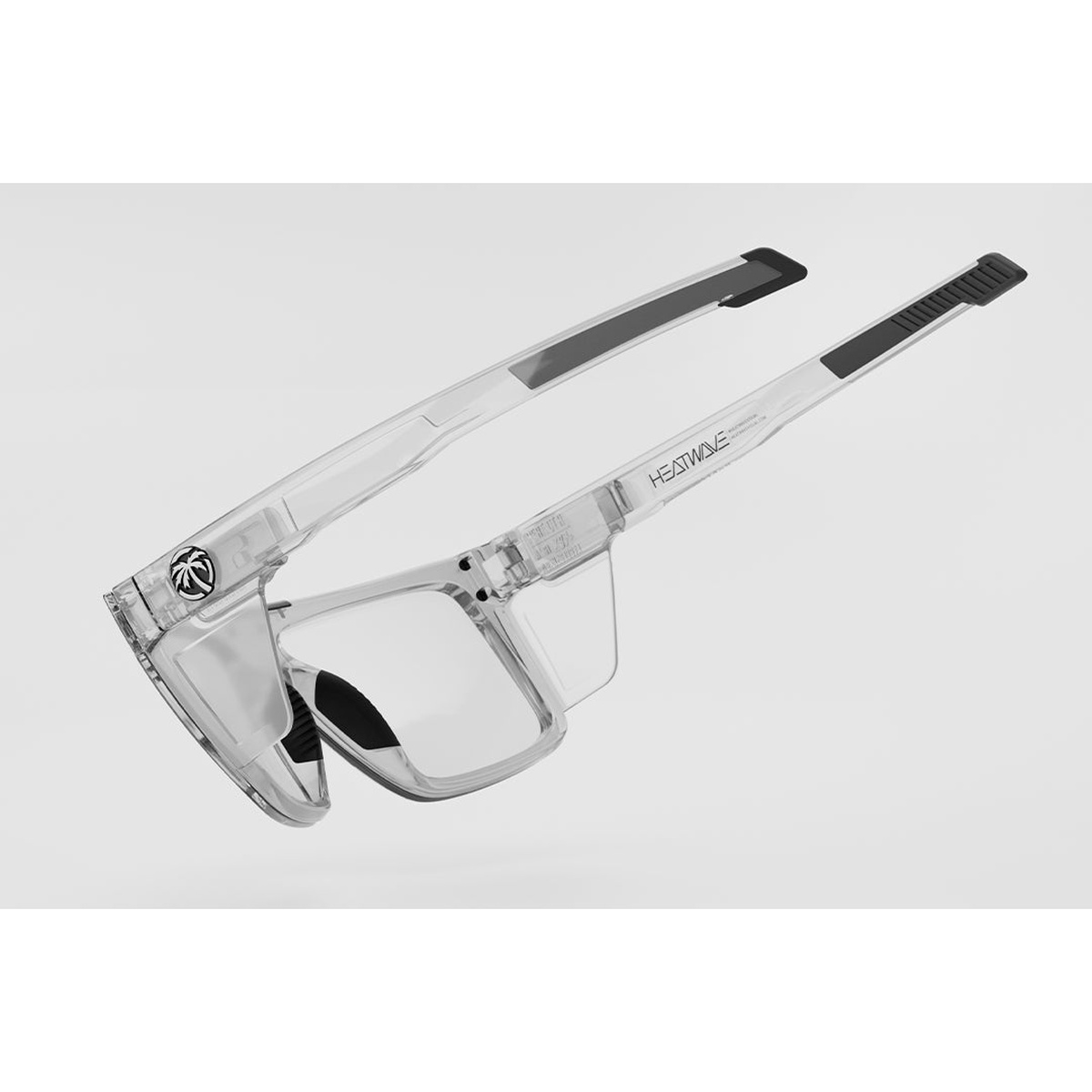 Heat Wave Visual Performance Quatro Sunglasses Anti Fog Clear Lens Z87+ angled view showing extended arms and rubberized contact points for secure fit during shop work