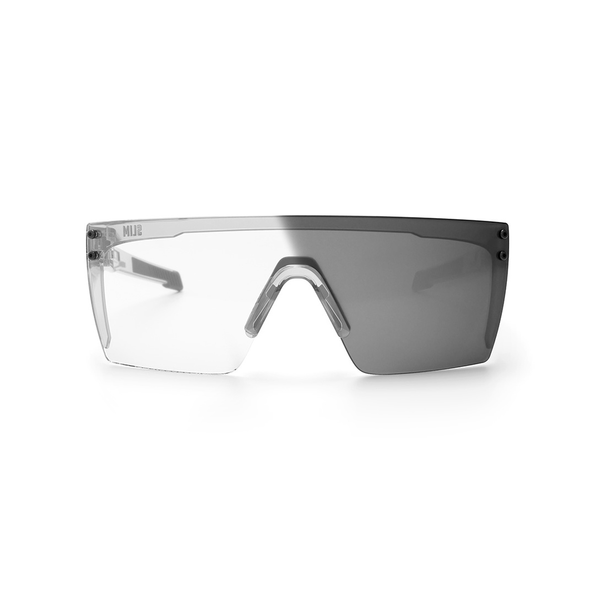Heat Wave Visual Performance Lazer SLIM Sunglasses: VAPOR CLEAR Frame Photochromic Z87+ with photochromic shield lens transitioning from clear to dark for indoor shop work and outdoor jobsite use