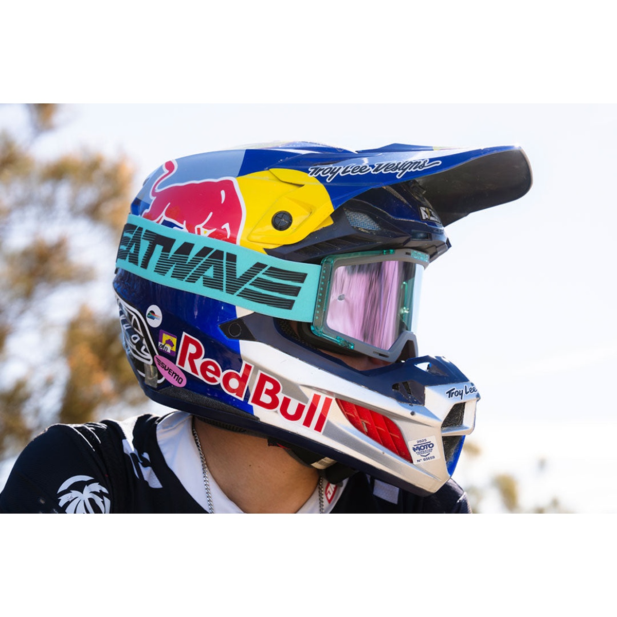 Heat Wave Visual MXG-250 Moto Goggle - Hydro Aquastone worn with a motocross helmet during off-road riding for secure strap hold and sealed face fit