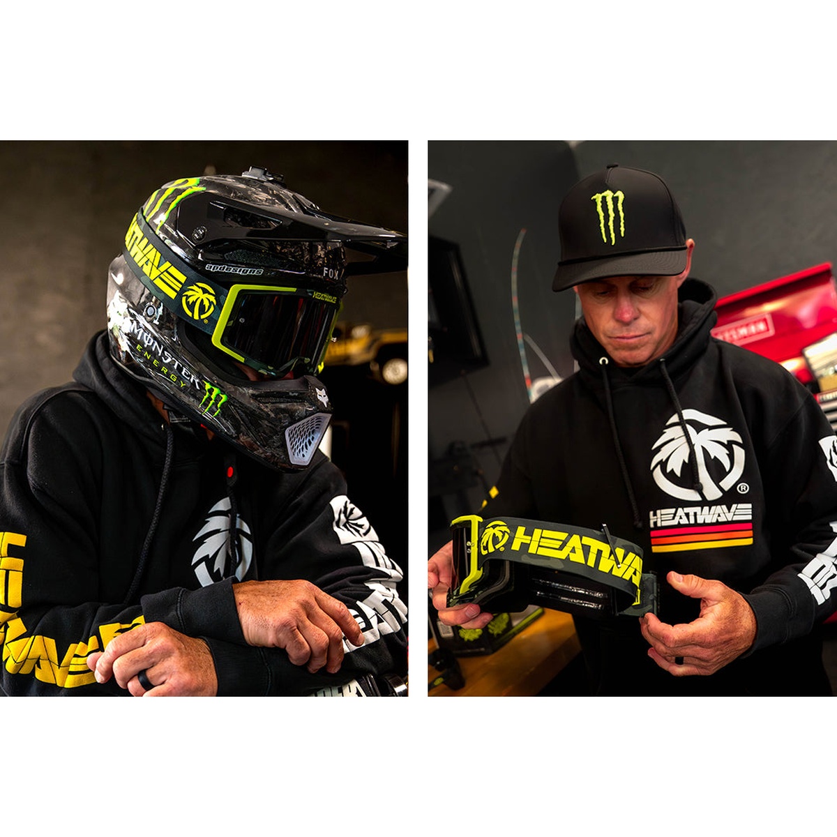Heat Wave Visual MXG-250 Moto Goggle - Brian Deegan 2.0 worn with a motocross helmet in an indoor garage setting, showing black lens coverage for off-road riding