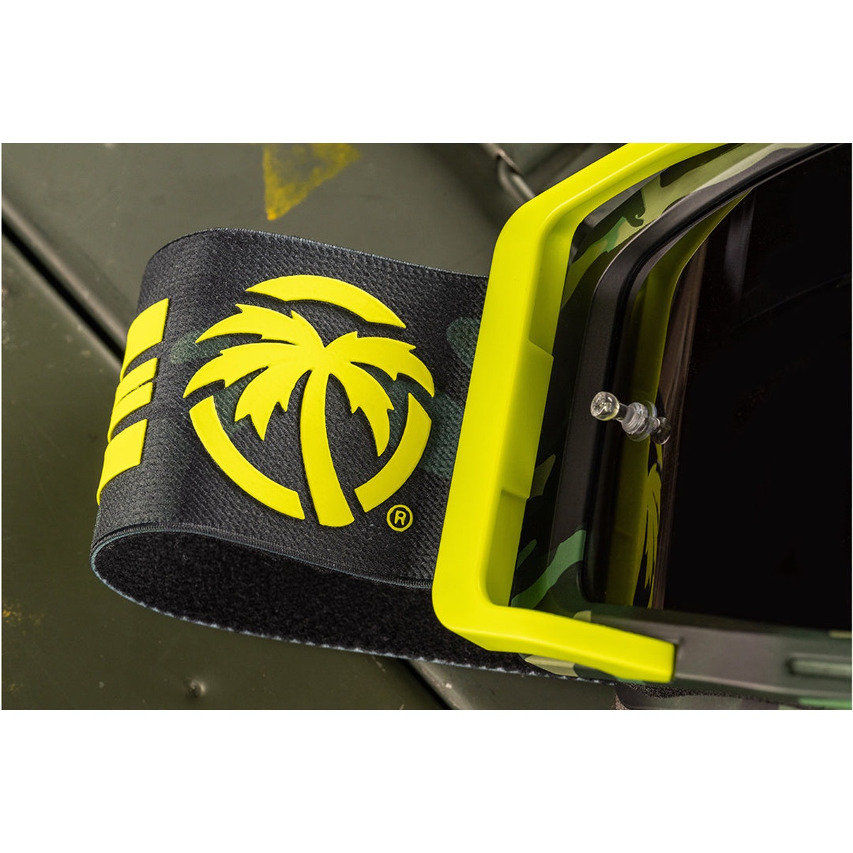 Heat Wave Visual MXG-250 Moto Goggle - Brian Deegan 2.0 close-up of frame corner, lens post, and strap detail for tear-off and secure fit use