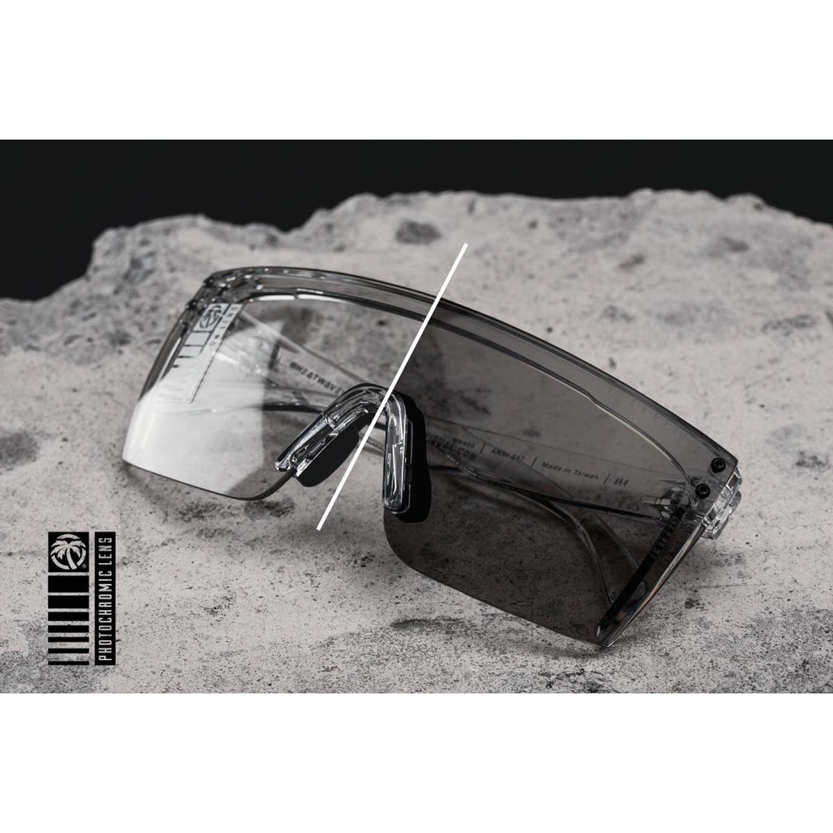 Heat Wave Visual Lazer Face Glasses photochromic shield lens transitioning from clear to dark for changing outdoor light conditions