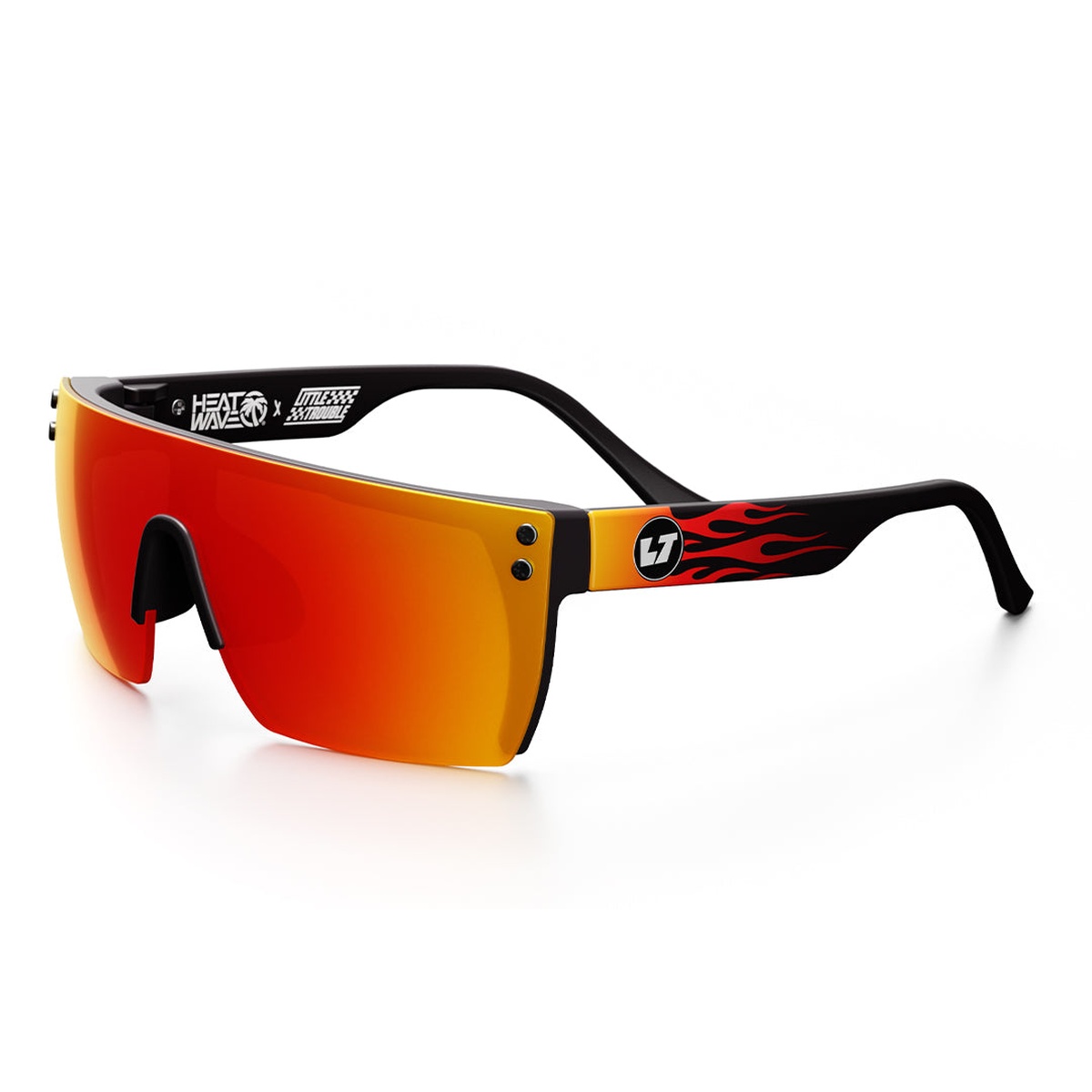 Heat Wave Visual Kids Lazer Face Sunglasses Little Trouble X Heat Wave Flames angled view highlighting flexible frame and flame arm design
