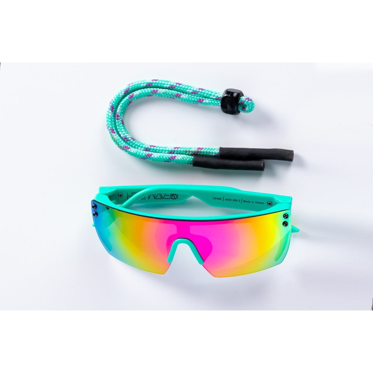 Heat Wave Visual Kids Lazer Face Sunglasses: Aqua Splash with adjustable lace shade-saver for secure outdoor wear and storage