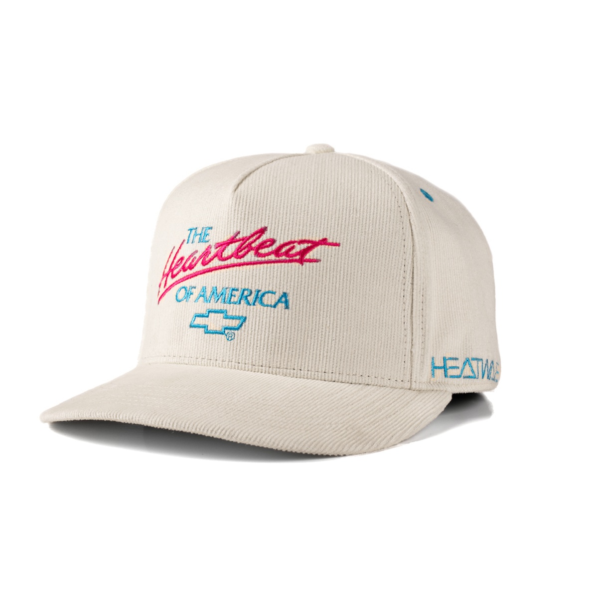 HWV Chevrolet Heartbeat of America Hat - OFF WHITE Cord front three-quarter view showing embroidered Chevrolet Heartbeat of America logo on corduroy fabric