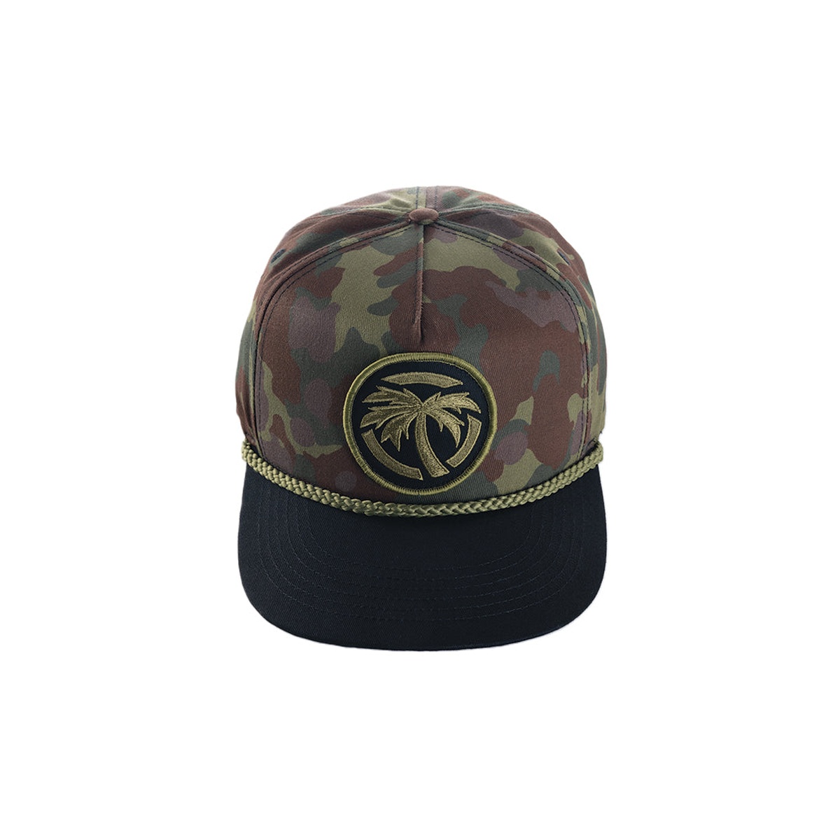 Heat Wave Visual HWV Fleck Camo Hat front view showing stitched palm tree patch on a 5 panel camo hat