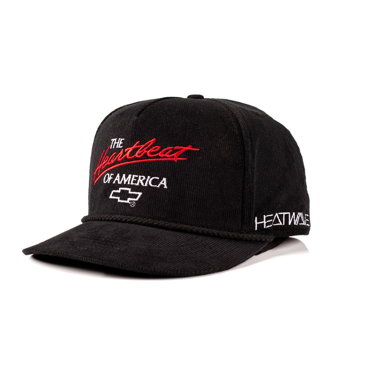 HWV Chevrolet Heartbeat of America Hat - BLACK Cord product view on a clean background, highlighting the black corduroy snapback cap, embroidered front logo, and vintage-style crown
