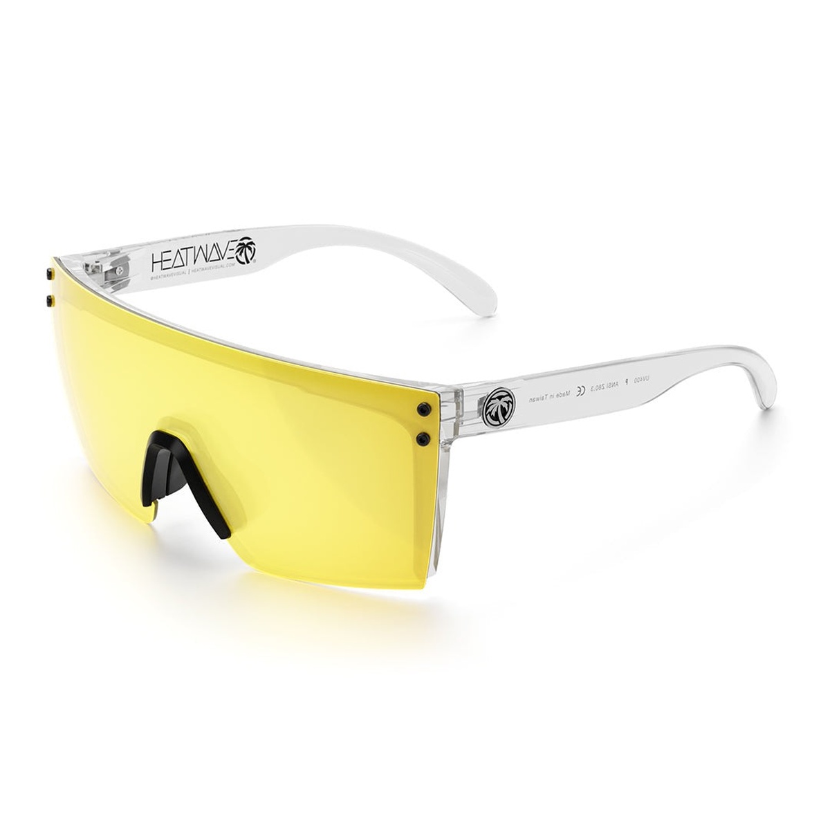 Heat Wave Visual Lazer Face Glasses: HI-VIS YELLOW Z87 angled product view highlighting nose grip and wrapped temple arms for active use