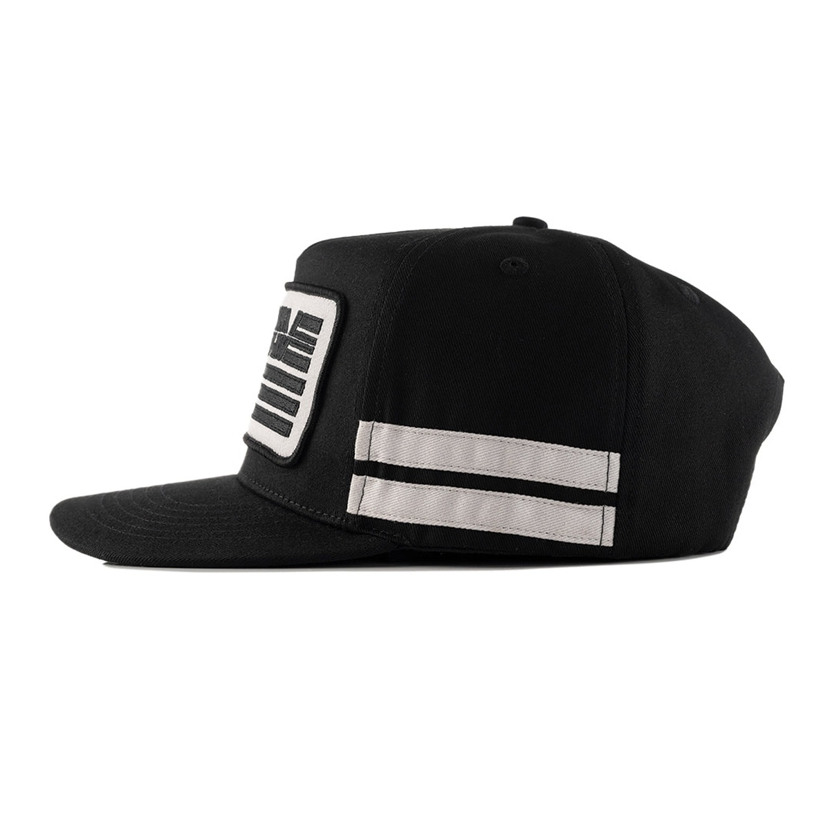 Heatwave Alloy Hat side view showing black cap body with matching white side stripes for casual streetwear styling