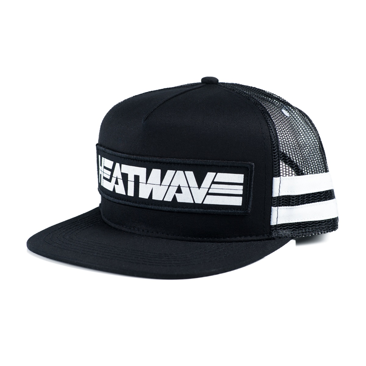 Heat Wave Visual HWV Billboard Trucker Hat front angled studio view showing black structured crown, large white Billboard patch, flat brim, and white side stripes for everyday casual wear
