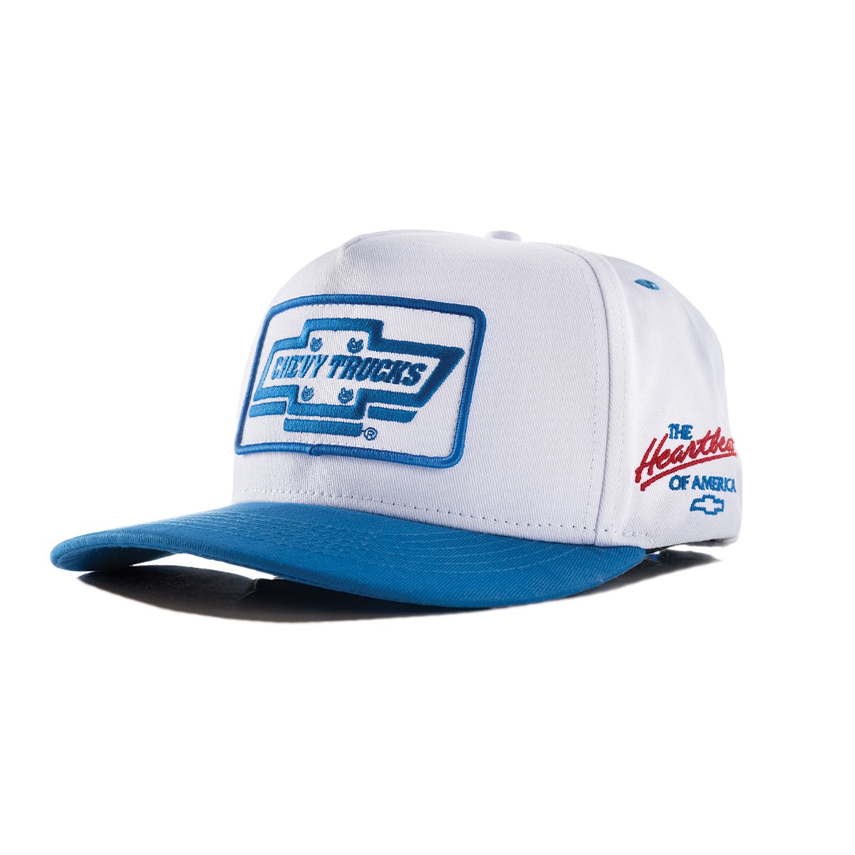 Heat Wave Chevy Trucks by Chevrolet Hat - White with stitched Chevy Trucks front patch on a white 5 panel crown and blue bill for everyday casual wear