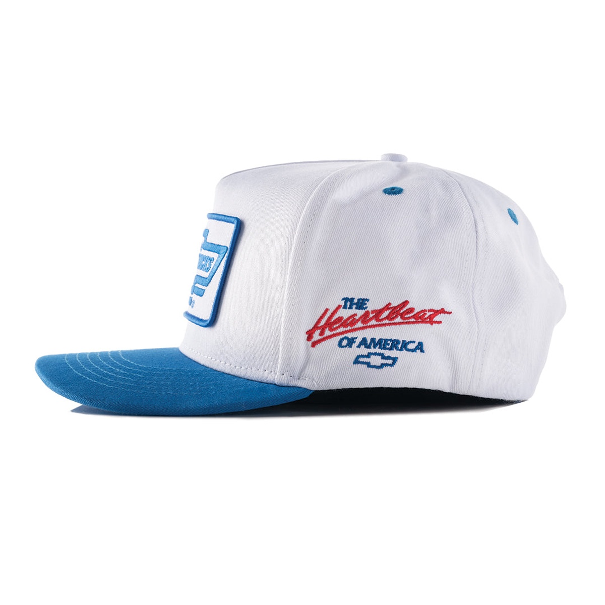 Heat Wave Chevy Trucks by Chevrolet Hat - White showing Heartbeat of America side embroidery on a white cap with blue bill