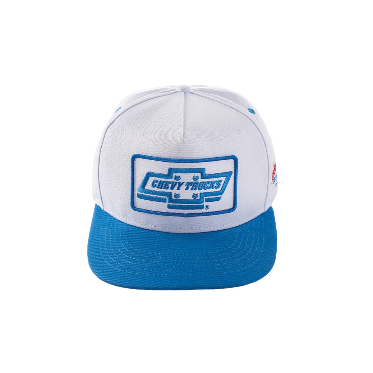 Front view of the Heat Wave Chevy Trucks by Chevrolet Hat - White showing the 5 panel crown, structured front, and blue brim for casual automotive lifestyle wear