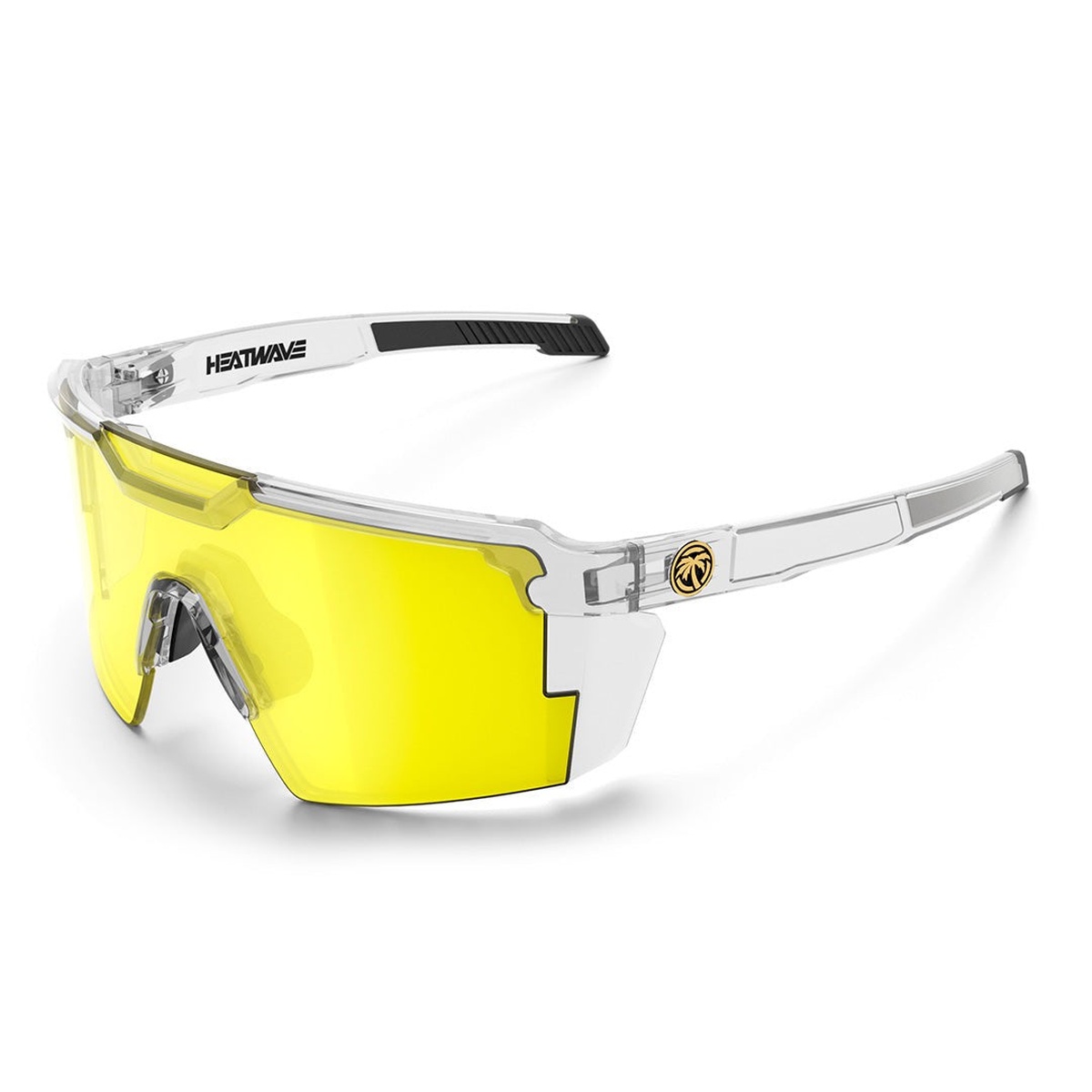 Heat Wave Visual Future Tech Sunglasses Vapor Clear Frame Hi-Vis Yellow Lens Z87+ shown as a protective safety sunglasses frame with wraparound shield lens and side coverage for jobsite eye protection