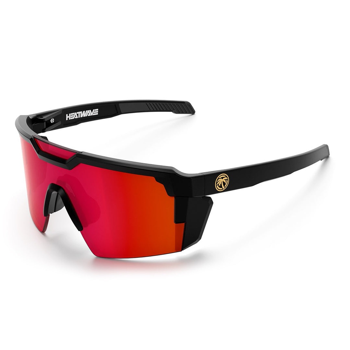 Heat Wave Visual Future Tech Sunglasses Firestorm Z87+ with black frame and red mirrored polarized shield lens for outdoor work and high glare conditions