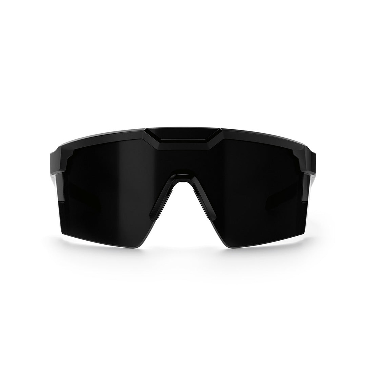 Heat Wave Visual Future Tech Sunglasses: GLOSS BLACK Ultra Black Z87+ front view showing wide shield coverage for protective eyewear use in outdoor and work environments