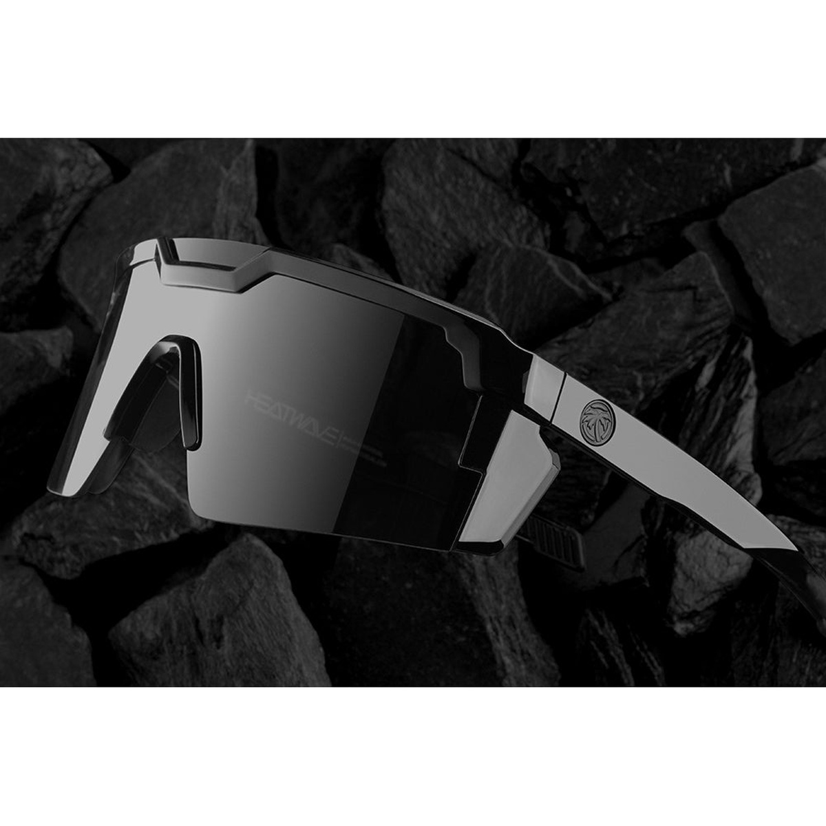 Heat Wave Visual Future Tech Sunglasses: GLOSS BLACK Ultra Black Z87+ with dark shield lens for intense outdoor glare conditions such as snow, sand, rooftops, and open sun