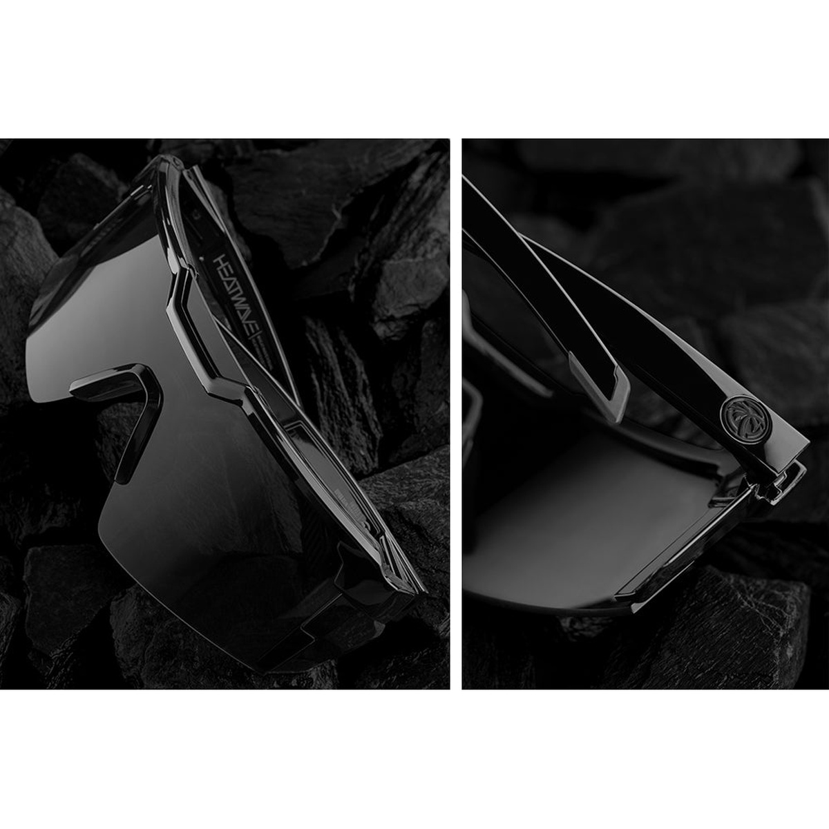 Heat Wave Visual Future Tech Sunglasses: GLOSS BLACK Ultra Black Z87+ detail of frame arms and nose area for stable fit during active outdoor use