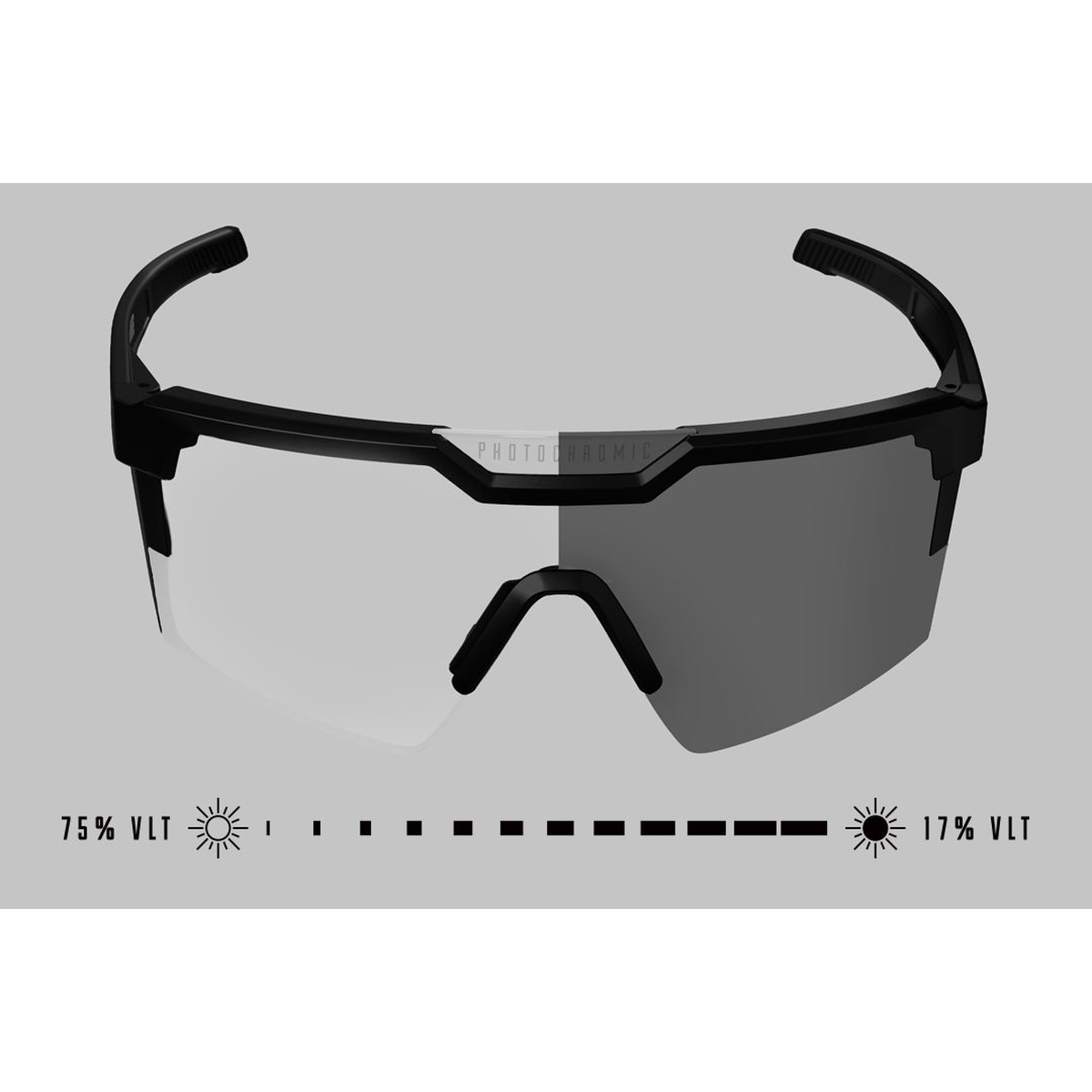 Heat Wave Visual Future Tech Sunglasses: Black Frame Photochromic Lens Z87+ with photochromic shield lens transitioning from clear to dark for indoor to outdoor eye protection