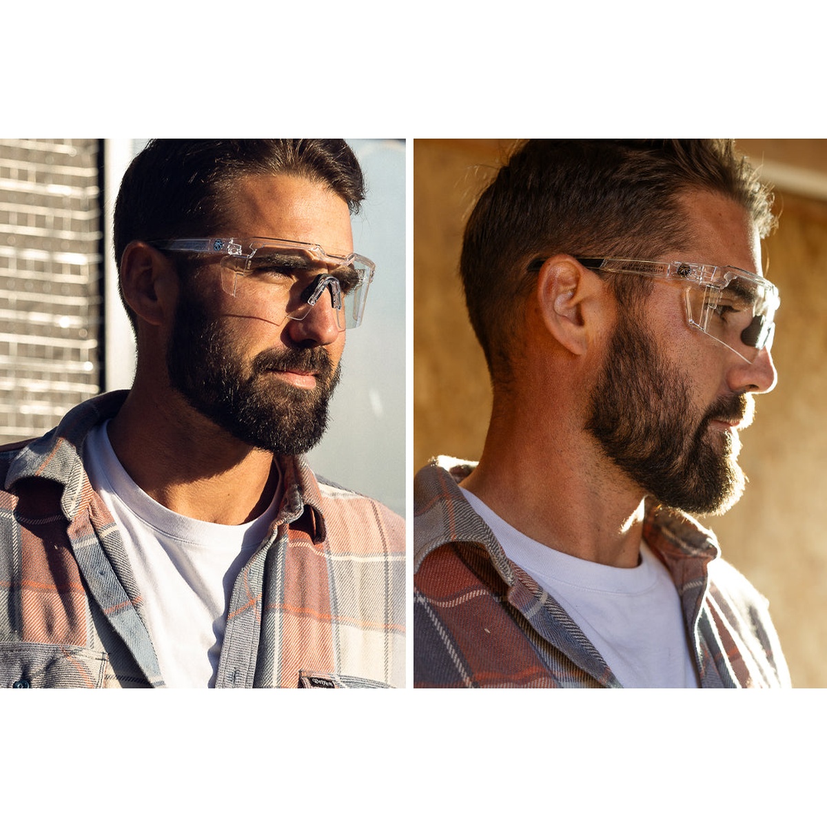 Heat Wave Visual Future Tech Glasses anti fog clear lens being worn for everyday jobsite and outdoor work in changing light conditions