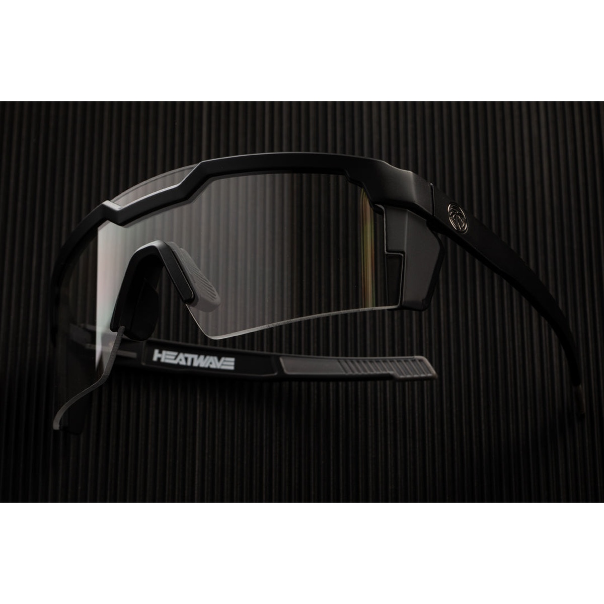 Heat Wave Visual Future Tech Sunglasses: Black Frame Clear Lens Z87+ close-up of nose and arm contact points for secure fit during active use