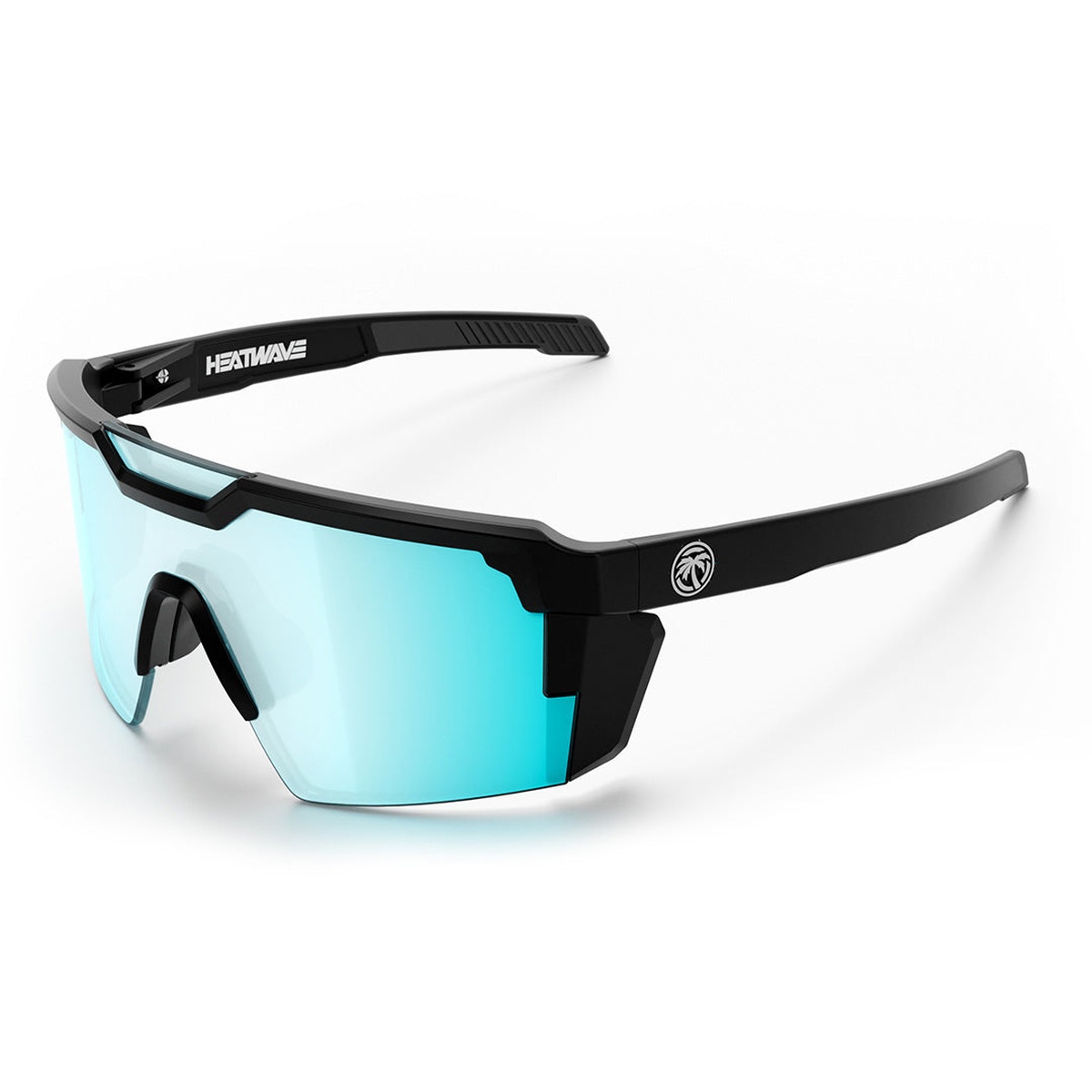 Heat Wave Visual Future Tech Sunglasses Black Frame Arctic Chrome Z87+ angled product view showing full shield lens and side coverage for bright outdoor work or riding