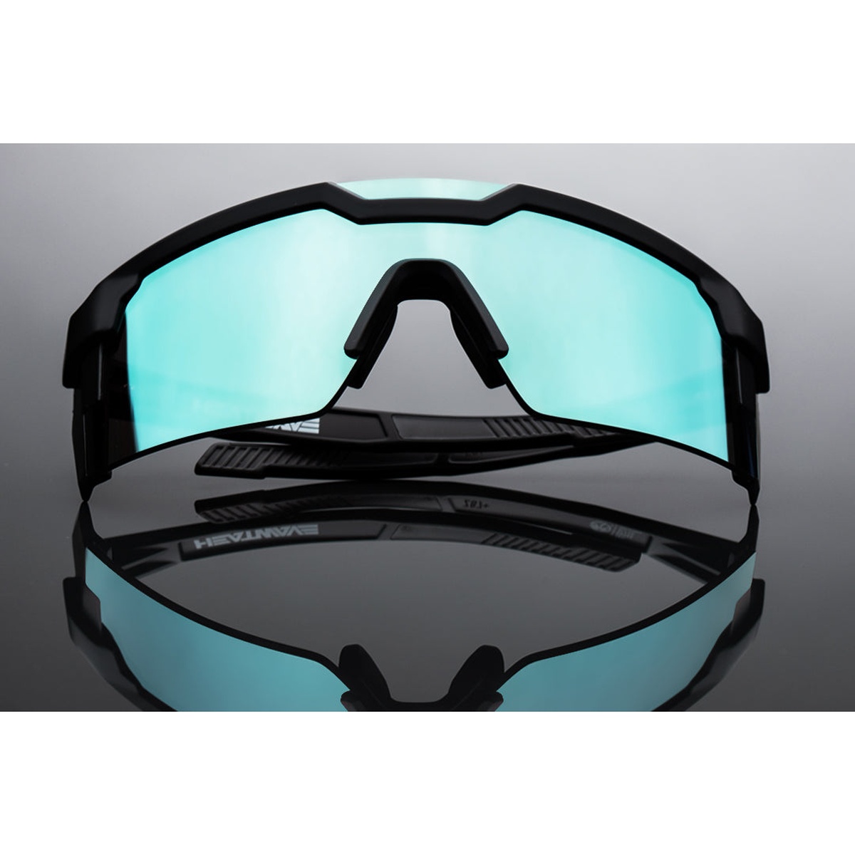 Heat Wave Visual Future Tech Sunglasses Black Frame Arctic Chrome Z87+ close front view emphasizing nose grip and performance fit for extended outdoor wear