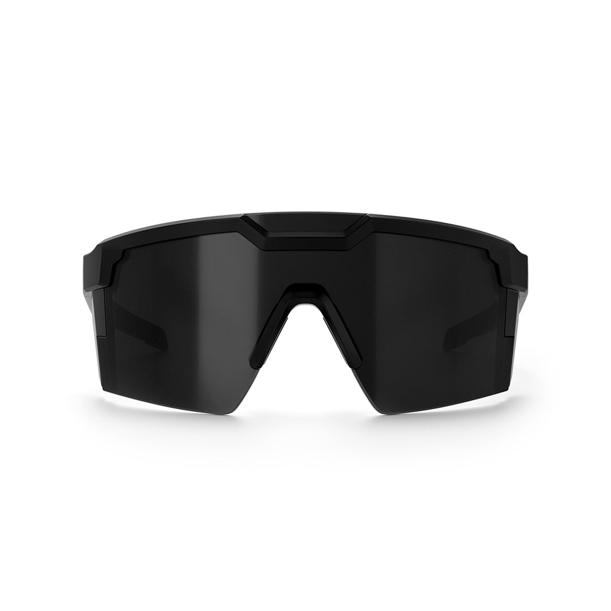Heat Wave Visual Future Tech Sunglasses: Black Frame Anti Fog Black Lens Z87+ front view with full shield coverage for outdoor safety eyewear