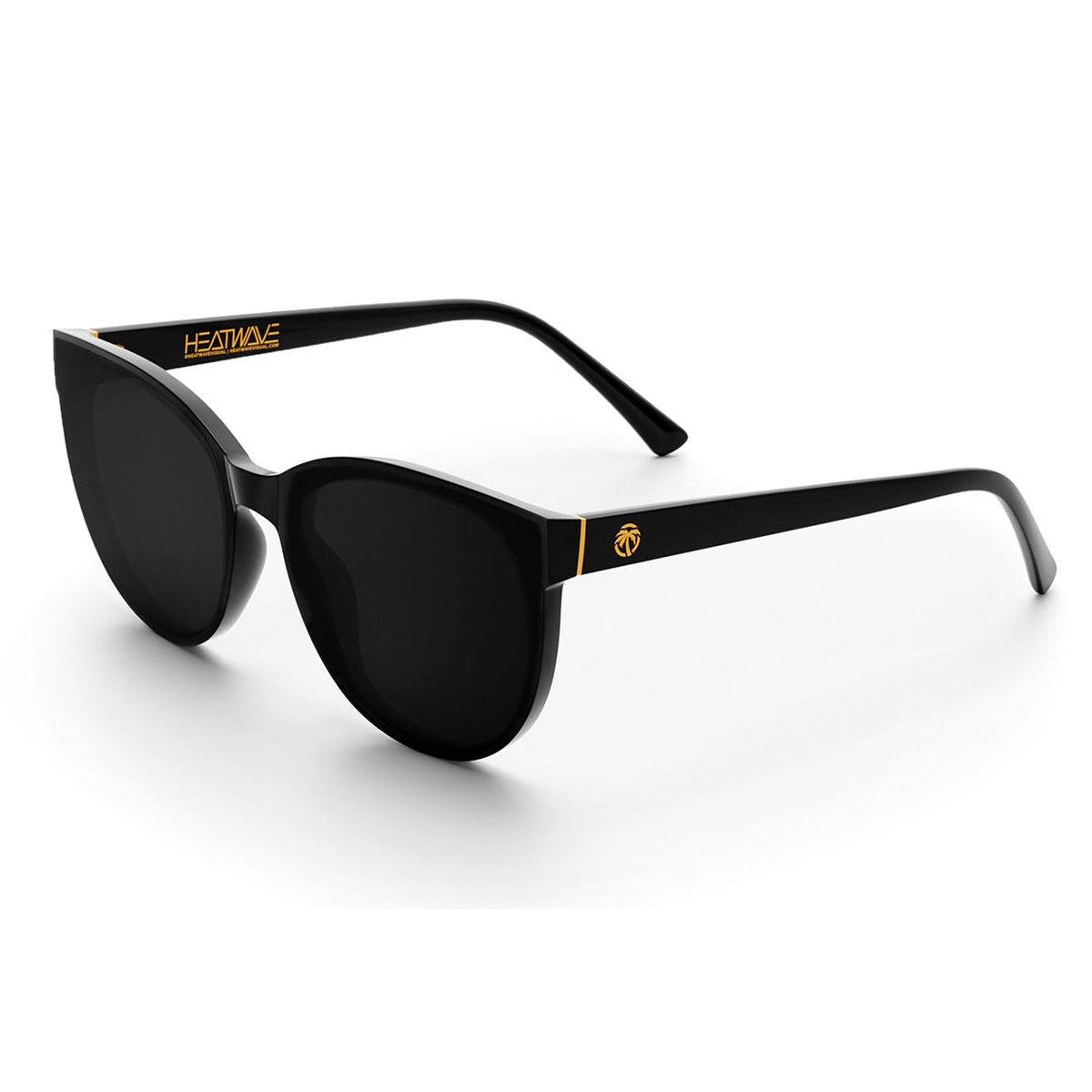 Heat Wave Visual Carat Sunglasses: Ultra Black with high gloss black cat eye frame, flat dark lenses, and polished gold accents