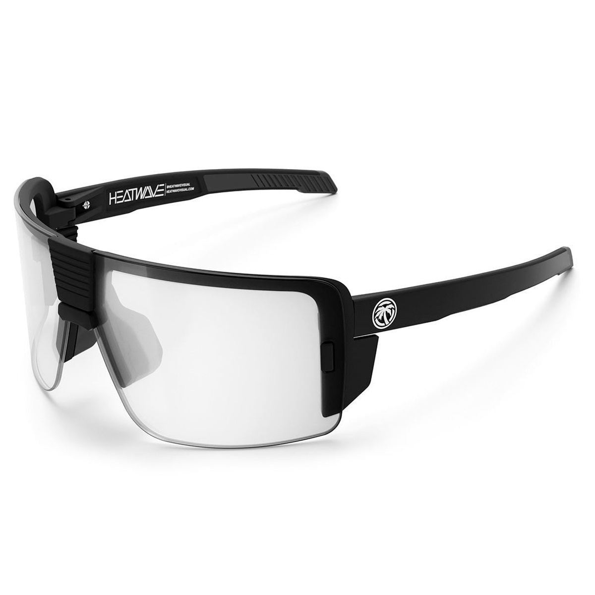 Heat Wave Visual XL Vector Sunglasses: Clear Z87+ protective eyewear with clear shield lens and black frame for shop work and impact-rated everyday use