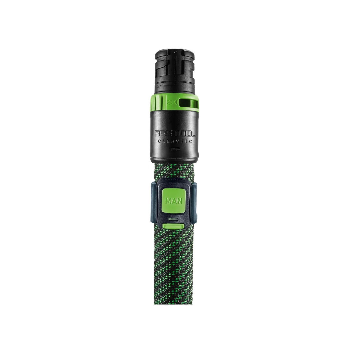 Festool 578499 Bluetooth Remote Control strapped to a Festool hose showing compact profile and hose-mounted placement